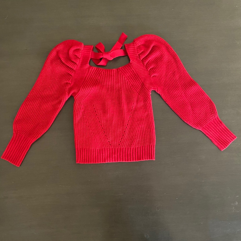 GB Girls Red Ribbed Knit Sweater Square Neck Bow Back Puff Sleeve Size S 7 NEW